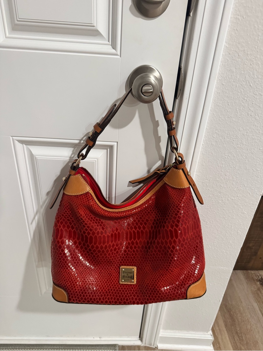 Dooney & Bourke Red Snake-Embossed Hobo with Tan Trim